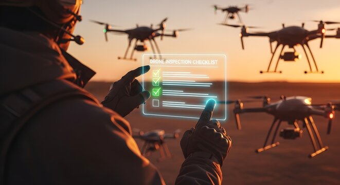 Drone Pilot Checking Inspection Checklist on Holographic Interface at Sunset