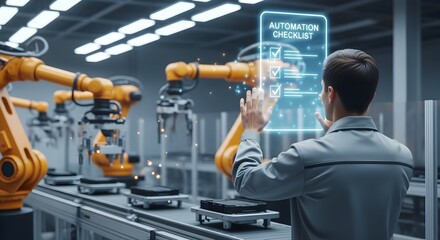 Engineer Checking Automation Checklist on Holographic Factory Interface