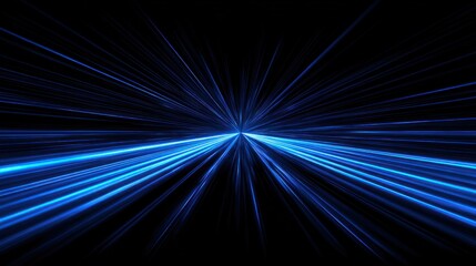 Abstract blue light streaks radiating from a central point in darkness.