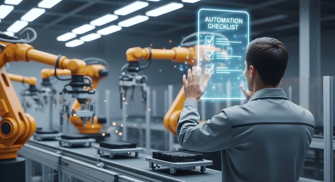 Engineer Checking Automation Checklist on Holographic Factory Interface