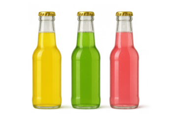 Glass bottles with colorful refreshing soda drinks, yellow, green, and pink beverages, transparent background