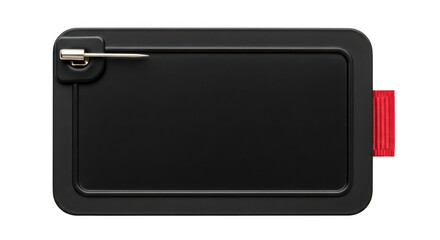Black rectangular case with stylus pen on top isolated on transparent background