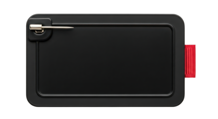 Black rectangular case with stylus pen on top isolated on transparent background