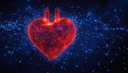 glowing red heart-shaped network of interconnected filaments with two short vascular stems against a blue digital node background, evoking warmth, connection and vitality