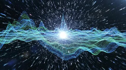 Intense digital waveform pulse collapsing inward with rapid glitch effects and regenerating from a brilliant white light source signifying a recursive technical singularity background, coding, AI - Powered by Adobe