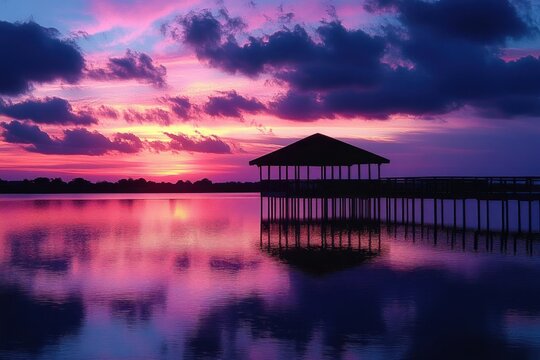 Wooden pier and open pavilion silhouetted over a calm lake at a vibrant pink and purple sunset with dramatic clouds and peaceful reflective water