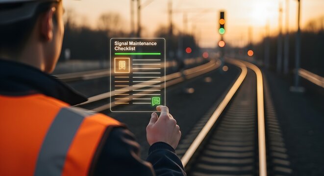 Railway Technician Checking Signal Maintenance Holographic Checklist - Powered by Adobe