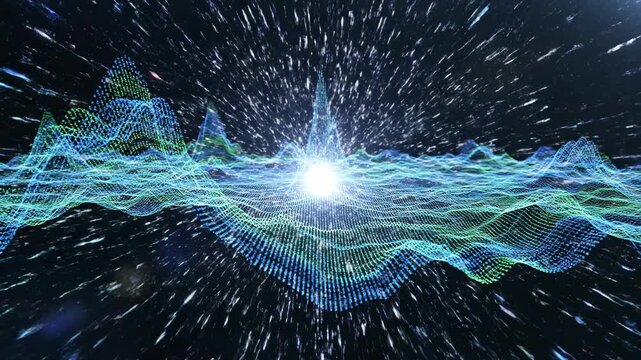 Intense digital waveform pulse collapsing inward with rapid glitch effects and regenerating from a brilliant white light source signifying a recursive technical singularity background, coding, AI