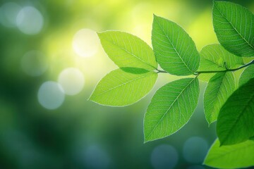 Close-up of sunlit green leaves on a slender branch with soft bokeh background, fresh and tranquil nature scene