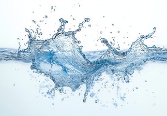 Obraz premium clear blue water splash with airborne droplets over a white background, dynamic motion conveying freshness and energy