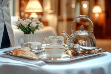 polished silver teapot with porcelain teacups, cream and sugar, fresh white rose bouquet and pastry on a tray on a linen-covered table in a warm elegant hotel setting, cozy and refined