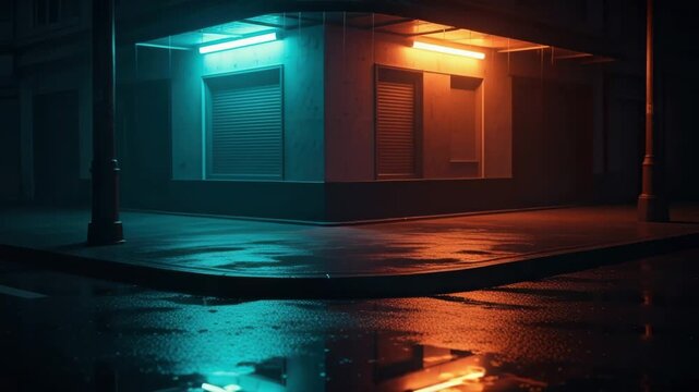 Moody urban street corner at night with contrasting teal and orange neon lights. Wet asphalt reflects the vibrant glow from a closed storefront for a cinematic cyberpunk background