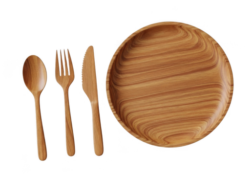 Wooden spoon fork and knife with oval plate isolated on transparent background