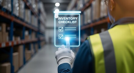 Warehouse Worker Using Holographic Inventory Checklist Interface