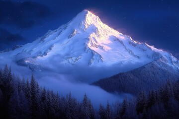 snow-capped mountain peak bathed in warm light above a misty valley and dark pine forest under a starry twilight sky, evoking serene majestic calm