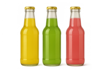 Colorful glass bottles filled with refreshing yellow, green, and red beverages, offering diverse flavors and options