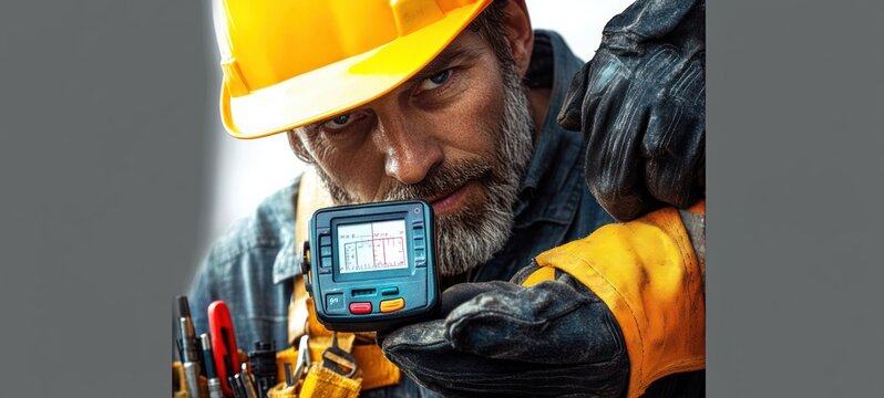 construction technician in yellow hard hat and heavy leather gloves holding a handheld measurement device, wearing tool belt, focused and determined