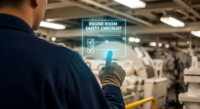 Marine Engineer Checking Engine Room Safety Holographic Checklist