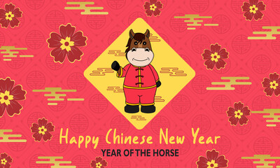 Cheerful Year of the Horse design featuring a smiling cartoon horse in red traditional attire, centered on a yellow diamond with floral patterns and golden cloud accents on a festive red background.