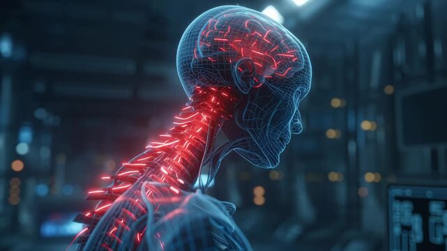 Digital wireframe displaying pain signals in brain and spine