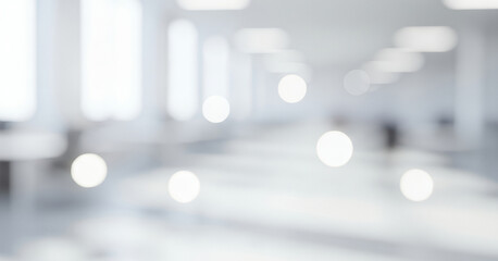 Bright abstract background of a modern empty office space with bokeh lights, forming a quiet glowing ambience that feels clean and professional with soft luminous tones filling the room.
