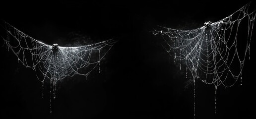 Two dew-covered spider webs suspended in darkness, glistening with droplets, delicate and haunting mood