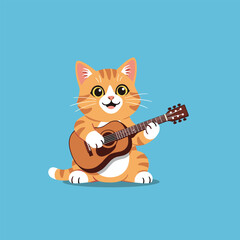 Fototapeta premium Cute cartoon orange cat playing acoustic guitar against a bright blue solid background.