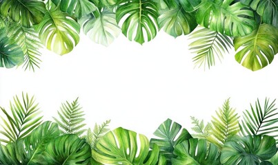 tropical green leaf border with monstera, palm fronds and ferns framing a bright white center, serene fresh botanical mood