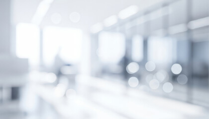 Bright abstract background with white and blue blurred office interior lights, creating a calm professional ambience with polished soft glowing tones across the space.