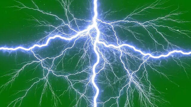 Intense electrical current discharge creating large, erratic lightning arcs isolated on a uniform bright chroma key green background for easy compositing arcs, background, screen