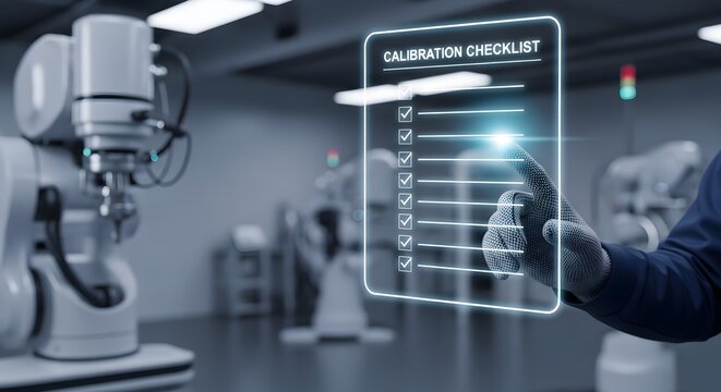 Engineer Using Holographic Calibration Checklist in Robotics Lab - Powered by Adobe