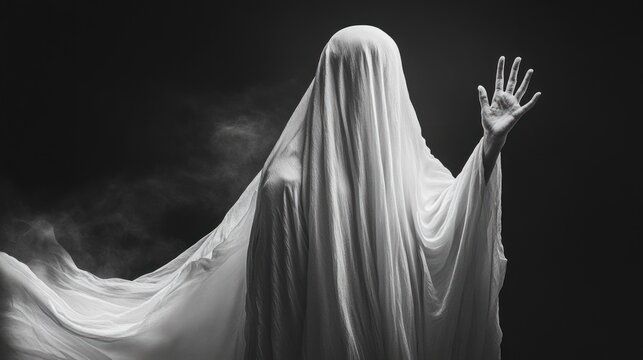 Eerie veiled figure draped in flowing white sheet with outstretched hand against smoky dark background, haunting and mysterious - Powered by Adobe