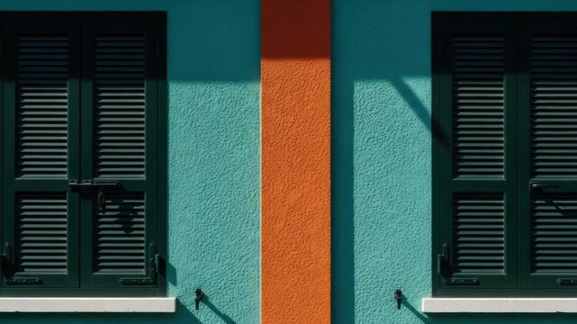 Colorful building facade with repeating green shutters on a vibrant teal and orange wall. Minimalist architectural detail creating a geometric pattern with strong summer shadows