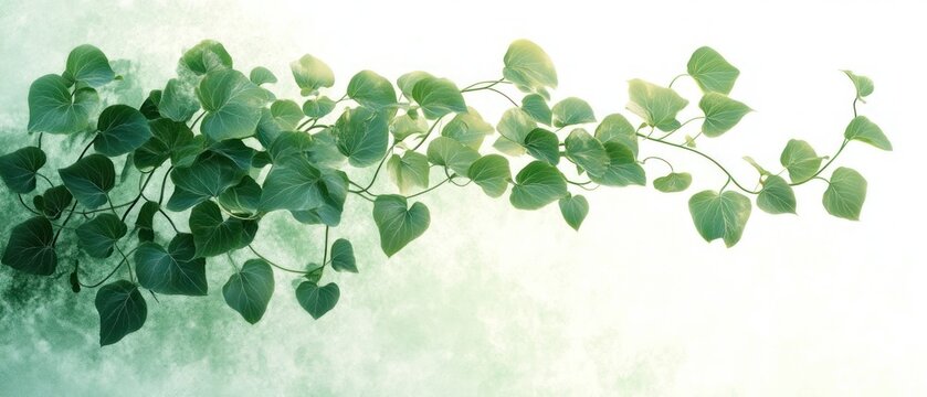 Trailing vine of heart-shaped green leaves and delicate stems across a soft textured green-to-white background, bathed in gentle sunlight and evoking calm freshness