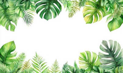 Tropical green leaf border with monstera, palm and fern foliage framing blank white space, fresh serene natural botanical composition