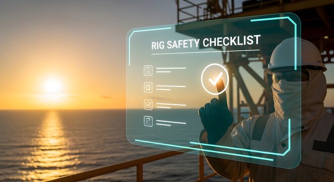 Oil Rig Worker Completing Rig Safety Checklist on Holographic Interface - Powered by Adobe