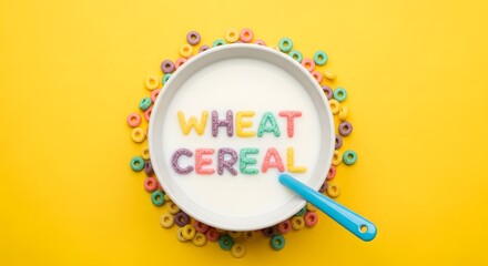 Colorful alphabet cereal spelling the words Wheat Cereal in a white bowl of milk on a yellow background.