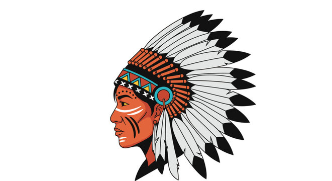 Profile illustration of a Native American chief wearing a traditional feathered warbonnet and face paint, depicting strength and heritage.