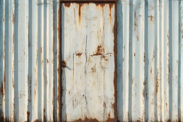 weathered pale blue corrugated metal wall with a rusted steel door, streaks of orange rust, peeling paint and a lone handle evoking quiet abandonment