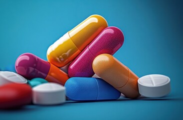 colorful glossy capsules and white round tablets piled on a blue surface, vibrant yet clinical still life