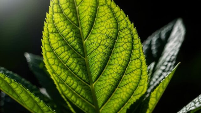 Macro detail of a vibrant green leaf showing its intricate vein structure and texture. Backlit by sunlight creating a beautiful natural pattern on a dark isolated background