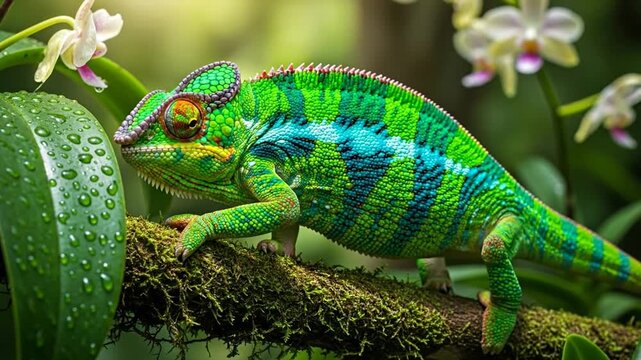 Vibrant chameleon exploring lush rainforest habitat with exotic orchids blooming nearby