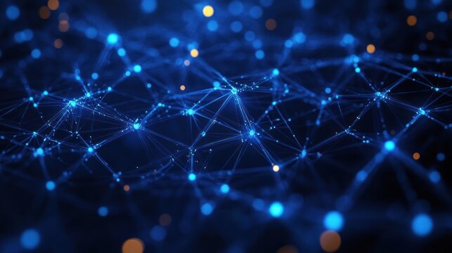 glowing blue network of interconnected nodes and lines with scattered orange bokeh lights on a deep blue background conveying a futuristic, dynamic and connected mood