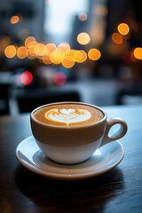 Warm latte in white cup and saucer on wooden table with heart latte art, blurred cafe interior and golden city lights bokeh outside window, cozy inviting atmosphere
