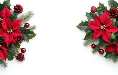 Festive holiday arrangement of red poinsettia flowers, holly leaves, pine sprigs, frosted pine cones and red baubles on a white background, cheerful seasonal mood