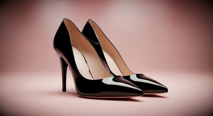 Elegant pair of black high heeled dress shoes rests against a soft pink background