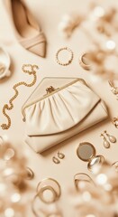 Collection of elegant feminine accessories arranged on a neutral surface with soft focus elements