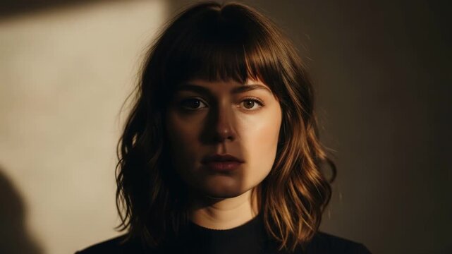 Dramatic portrait of a serious young caucasian woman with split lighting across her face. Triptych sequence showing an intense and introspective gaze for a mental health concept