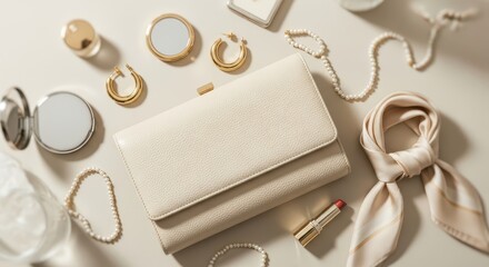 Assortment of elegant ivory and gold women's accessories are carefully arranged on a light surface.