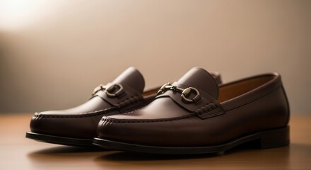 Pair of polished dark brown leather slip-on loafers with metal hardware rests on a wooden surface.